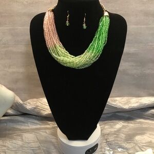 Elegant Pink and Green Beaded Necklace Set